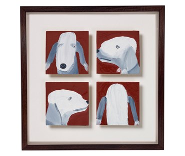 A 33.5cm x 33.5cm framed artwork, featuring 4 individual 10 x10 cm oil paintings of a grey and white Bedlington , facing forward, back, left a right, as per a police mug shot, against a deep terracotta background, float mounted on white conservation board, and framed in a simple dark brown wooden frame, By Holly Frean.