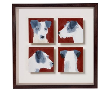 A 33.5cm x 33.5cm framed artwork, featuring 4 individual 10 x10 cm oil paintings of a grey and white Jack Russel , facing forward, back, left a right, as per a police mug shot, against a deep terracotta background, float mounted on white conservation board, and framed in a simple dark brown wooden frame, By Holly Frean, shown framed