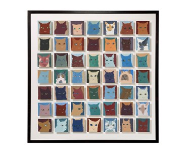 Detailed picture of Holly Frean's 49 Cats painting which consists of 49, 10x10 cm float mounted individual portraits of
characterful cats ranging in colour from creams to browns, pinks, blues and onto browns, set against backgrounds that range from complimenting shades of blue, and terracotta, to pale grey .Shown here unframed, although this artwork is in a wooden frame, and measures 105cm x 105 cm - shown in frame