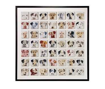 Detailed picture of Holly Frean's 49 Dalmatians painting which consists of 49, 10x10 cm float mounted individual portraits of
black and white, an brown and white Dalmatians, shown here unframed, although this artwork is in a wooden frame, and measures 105cm x 105 cm.