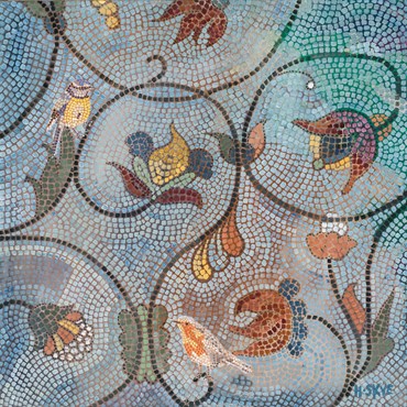 An acrylic on canvas painting by Hermione Skye, depicting, in a mosaic-like painting technique, to produce a 60x60cm canvas featuring a blue tit and robin, amongst the curling floral patterns on a pale blue background.