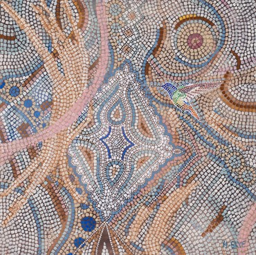 An acrylic on canvas painting by Hermione Skye, depicting, in a mosaic-like painting technique, to produce a 60x60cm canvas featuring a hummingbird within a diamond design, in pink, peach and blue tones.