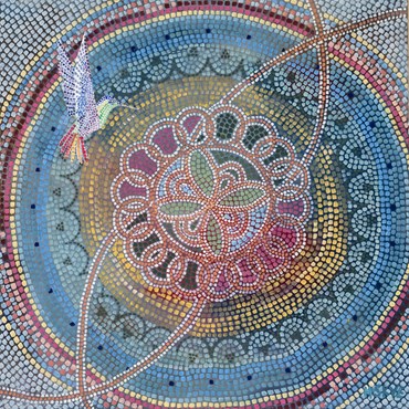 An acrylic on canvas painting by Hermione Skye, depicting, in a mosaic-like painting technique, to produce a 60x60cm canvas featuring a hummingbird flying over a circular mosaic flooring design , in shades of blue, yellow, and peach.