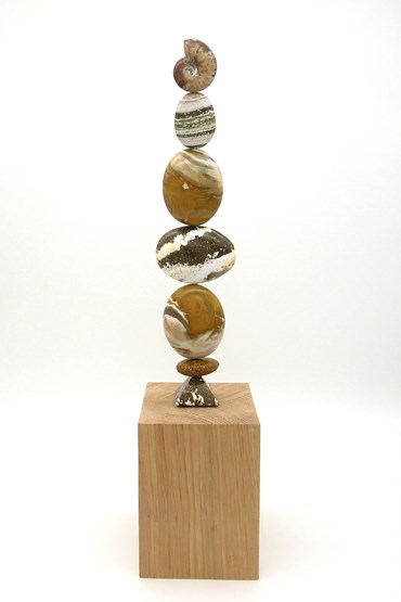 This unique Totem is made from the following precious crystal stones:
From the top – Ammonite with the remaining gems being Ocean Jasper. The stones are supported on a central support sitting on an oak base.
Size H41cm W9cm D89cm includes base