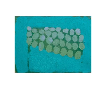Shallow Water, is a 30x40 mounted acrylic on canvas, abstract painting of green flag like shape on turquoise background.
