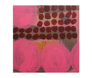 Wide Awake is an acrylic on wood abstract in bold bright pink swirls on a brown background, with wine coloured dots in right hand corner.
Size: 30 x 30 cm