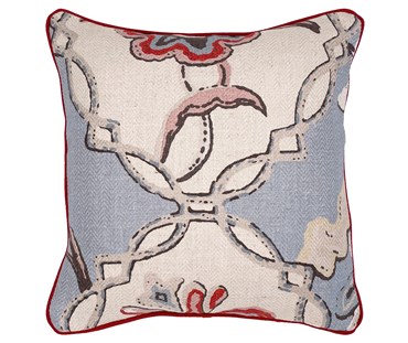 Kits chain stitch fabric is used here in 45 x45cm cushion, with a natural oatmeal ground on which a large abstract floral design is printed in a soft palette of pale blue, red and pink, with a piped red edge.