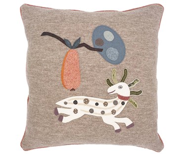 This handmade applique cushion takes it's inspiration from Kit Kemp's iconic Mythical Creatures fabric, showing whimsical animals nestled in among a contemporary Tree of Life.
This cushions allow us to appreciate the characters of the creatures, with our Mythical white Horse, with his sun-ray green mane under a large orange hanging pear on a ground of taupe wool.
Size
55cm by 55cm
Content
100% wool