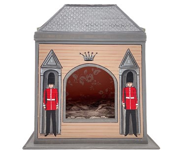 The pet palace is handpainted cardboard replica of buckingham palace, complete with bear-skin topped, red jacketed palace guards, wall papered inner, with fabric cushion, and is the ideal sleeping place for your pet.