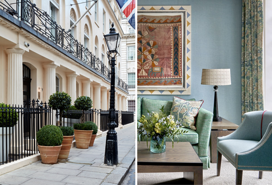 The exterior of Haymarket Hotel and a room at The Soho Hotel, London