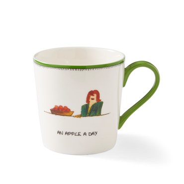 This green and white doodle mug, is the perfect illustration for the "Apple a Day" tag-line, with it's sketch of red headed lady sitting next to a bowl of shiny red apples. The design is on both back and front of this mug.