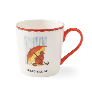 This deep orange and white doodle mug, is the perfect illustration for the "Sunny Side Up" tag-line, with its relaxed looking ginger cat, basking in the yellow glow of it's red umbrella, on an otherwise rainy day.