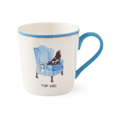 This pale blue and white doodle mug, with Kit's King Charles Spaniel, taking up position on a blue Wing Chair perfectly illustrating, his position in the family as the "Top Dog" .