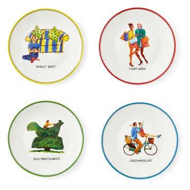 Detailed image of all 4 Tid-bit plates , featuring 4 of the doodle designs, which embrace the joy of life, each its own individual illustration, and primary colour : red team work plate, yellow for the sweet spot plate, blue for the freewheeling plate, and green for the high maintenance image.