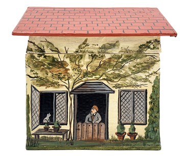 This cottage style decorative box from friend of Kit Kemp, Mimi de Biarritz, is unique
and hand-painted.
The quirky lidded box, in pale yellow, is shaped like a country cottage, comes complete with
red tiled roof, and chimney, and country gentleman taking in the afternoon comings and
goings from is gated door.
Size:24cm x 19.5cm x 18.5 cm ( Lid 26cm x 20cm)
