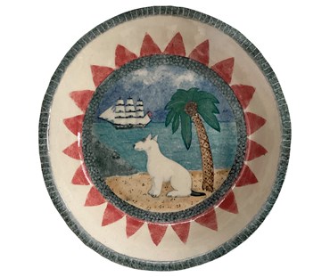 This large, circular, hand painted bowl, is imbued with Robina Jack's distinctive humour with this white bull terrier standing sentinel on a beach, under a palm tree, whilst an old sailing boat moves across the horizon, with contrasting sunburst coral details around the deep cream rim, edged in blue.