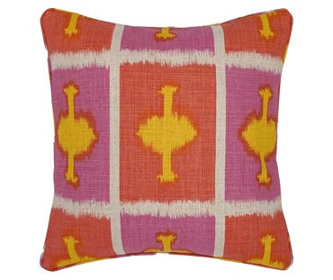 This hot pink and vibrant orange colourway, with its yellow mushroom like motifs , with matching piping, with plain linen reverse makes for a joyful addition to your sofa.