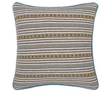 Inspired by the uneven cross stitches that join together traditional South American blankets, Kit's Criss Cross fabric, produced in collaboration with Christopher Farr, combines neat rows of stitched "x's" in olive green , and running stitch stripes, in tones of blue and grey wool, form repetitive multi stripe, on a base cloth of grey and white , and piped in aqua blue