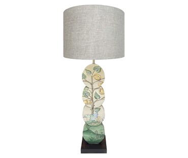 Using Kit's fabric design as inspirations the Hedgerow Quince Dragon lamp, is hand painted by Melissa White, and features a green and blue dragon, under a fruit laden tree, in shades of greys, greens, blues and yellow , to create these wonderfully playful and unique lamp.