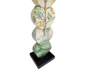 Detailed shot of the Hedgerow Quince Dragon lamp, is hand painted by Melissa White, and features a green and blue dragon, under a fruit laden tree, in shades of greys, greens, blues and yellow , to create these wonderfully playful and unique lamp.