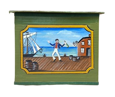 This delightfully fun hand-painted box, which plays on the American 18th Century theme, with it's drunken sailor dancing on the front, and white estate house hand painted on a leaf green box,