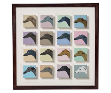 The 16 Sight Hounds painting consists of 16 individual portraits of sight hounds, all facing the left, in pastel coloured backgrounds , float mounted on an ecru background, and framed in a dark brown frame.