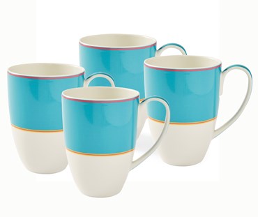 The Turquoise Calypso Mug , is a large white mug, with a wide turquoise band, bordered by narrow central stripes in pink and yellow, and tipped with a pink outer band. Sold in sets of 4, these mugs are a handful of warmth to all the senses.