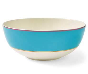 The Calypso Turquoise Serving bowl with it's topped with a wide turquoise band, bordered by narrow stripes in blue and yellow, and adds a touch of colour to your breakfast table, or even doubles as the a gorgeously sunny fruit bowl to allow you to enjoy this piece all day long!