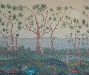 Kit Kemp's new Lantern Parade wallpaper, in collaboration with Andrew Martin, takes elements from Tapestry Landscapes and medieval illumination to create an other-worldly treeline landscape, with the sea beyond.
This forest landscape, in its pale green dawn light is endlessly fascinating, revealing it's magic every time we look at it, with it's shy forest creatures, basking in dew drenched flowers, as if in the reflection of a lantern held aloft