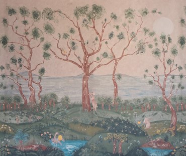 Kit Kemp's new Lantern Parade wall paper, in collaboration with Andrew Martin, takes elements from Tapestry Landscapes and medieval illumination to create an other-worldly treeline landscape, with the sea beyond.
This forest landscape, in it's plaster pink light of dusk, is endlessly fascinating, revealing it's magic every time we look at it, with it's shy forest creatures, basking in dew drenched flowers.