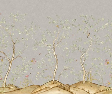 Kit's New Songbird Wallpaper, in collaboration with Andrew Martin, takes the stylised nature of Chinoiseries landscapes to a softer and more relaxed realm with an English twist. The mist colourway is suffused in the misty grey light of an English morning, where a breeze ruffles the leaves of loosely painted trees dotted with dog roses. From the delicate branches, songbirds call to each other across this serene panorama.