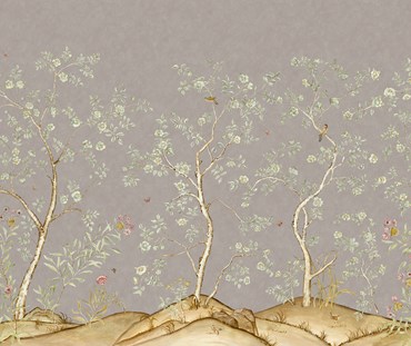 Kit's New Songbird Wallpaper, in collaboration with Andrew Martin, takes the stylised nature of Chinoiseries landscapes to a softer and more relaxed realm with an English twist. The "Dawn colourway is suffused in the the pink grey light of dawn where a breeze ruffles the leaves of loosely painted trees dotted with dog roses. From the delicate branches, songbirds call to each other across this serene panorama.