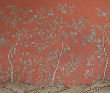 Kit's New Songbird Wallpaper, in collaboration with Andrew Martin, takes the stylised nature of Chinoiseries landscapes to a softer and more relaxed realm with an English twist. The "Sunset" colourway is suffused in the soft coral light of a warm summer sunset where a breeze ruffles the leaves of loosely painted trees dotted with dog roses. From the delicate branches, songbirds call to each other across this serene panorama.