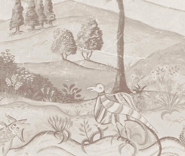 Detailed focused print of the Mythical Land's bird , in clay on a saturated white background and sepia tones to illustrate the lively river bordered with wild flowers, trees growing giant pears and a whole dance of magical creatures along the way.