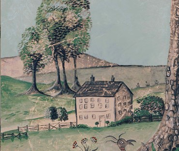Detailed picture of the house that features in the Mythical Land Wallpaper in Summer storm , with it's a washed out blue background.