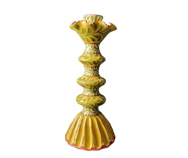 Katrin Moye's delightful Garland candlestick in yellow, with contrasting lime garlands stands 25cm tall , with a crenulated base, 11cm in diameter.