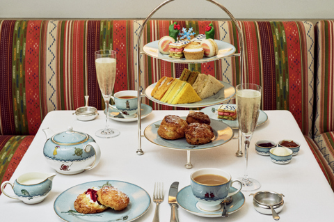 A festive afternoon tea set up on a table in The Orangery at The Whitby Hotel