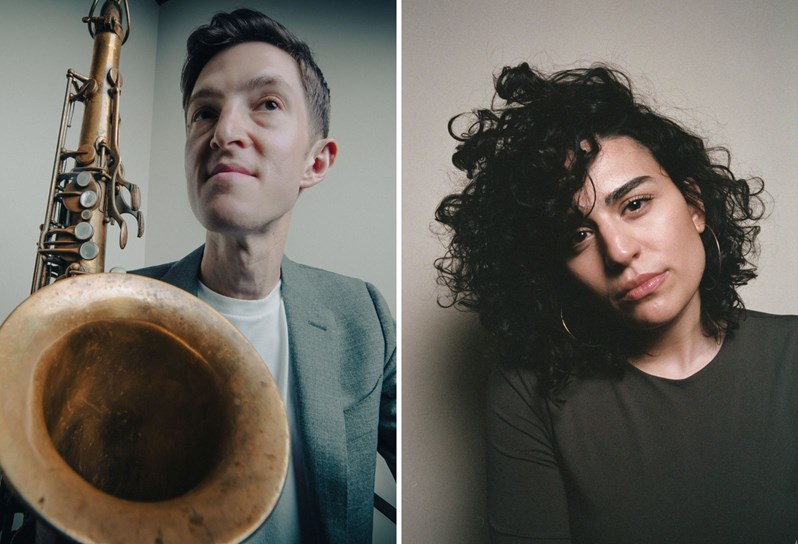 A photo of a musician with his saxophone next to a female singer