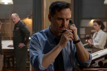 A film still from Pressure, in the image we can see Andrew Scotts character worriedly talking on the phone.