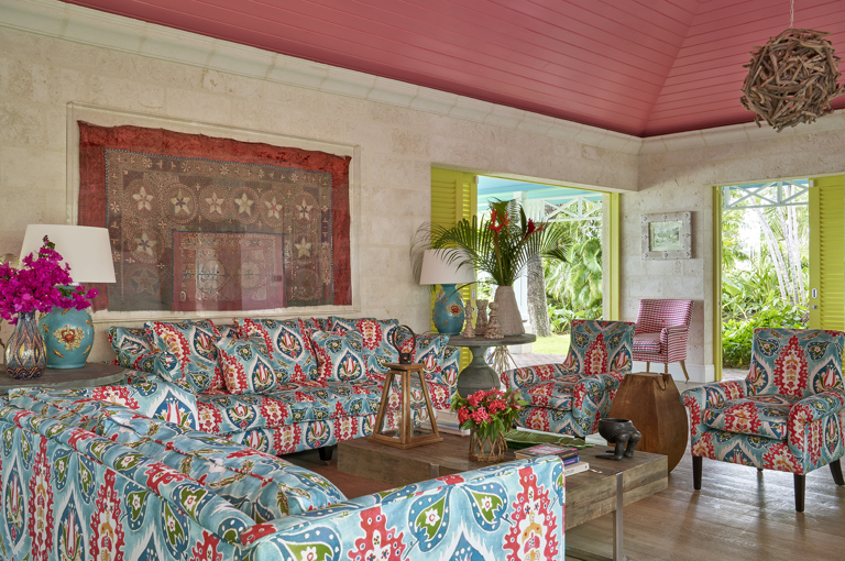 An image of the seating area in the Drawing Room at Rossferry, the Caribbean property managed by Firmdale Hotels.
