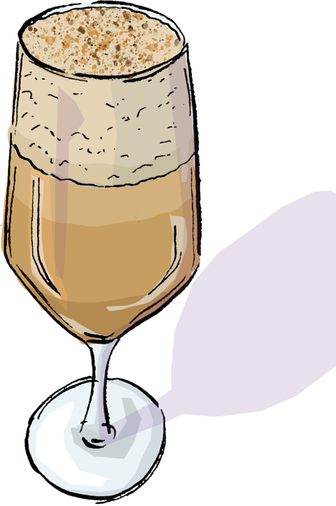 An illustration of a brown, coffee looking cocktail, topped with foam in a tall glass.