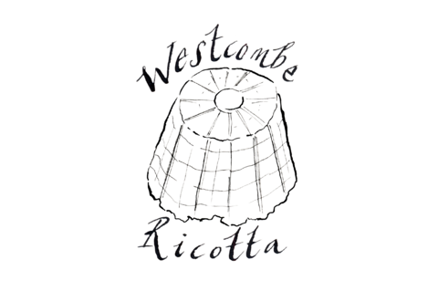 A black line illustration of a round cone-shaped cheese with Westcombe written above and Ricotta written below on a transparent background