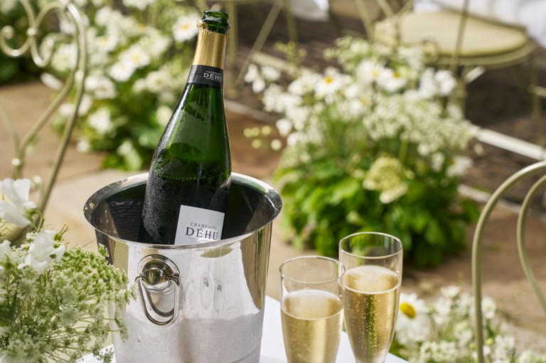 Close shot o a champagne bottle and 2 glasses or a wedding in the Orangery as a private events space at Number Sixteen