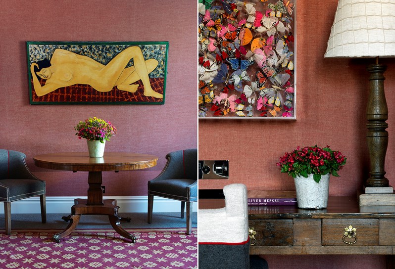 A split image with the left showing a table and chairs against a pink wall with artwork hanging above. The right side shows a closeup of a wooden desk with a red plant, cream lamp and the back of a chair under a piece of art.
