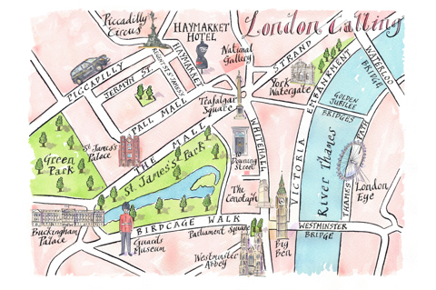 An illustrated map of London including famous landmarks in the West End