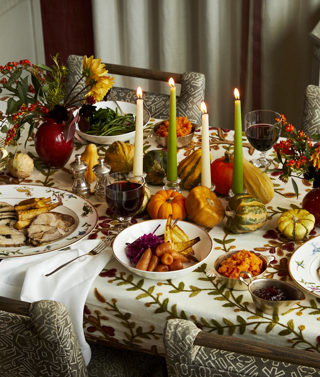 Wide shot of a Thanksgiving dining table