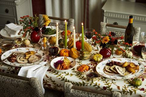 Wide shot of a Thanksgiving dining table