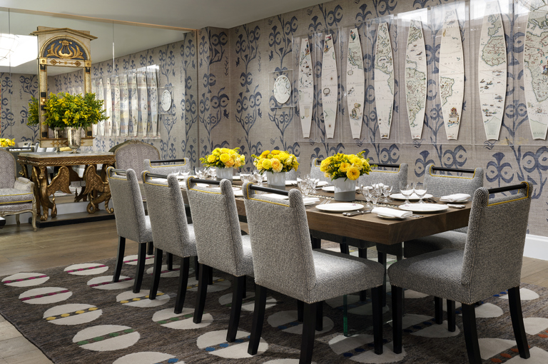 Long dining table set-up in the Lafayette private events room at Crosby Street Hotel