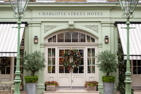 The exterior of Charlotte Street Hotel decorated for Christmas