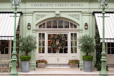 The exterior of Charlotte Street Hotel decorated for Christmas